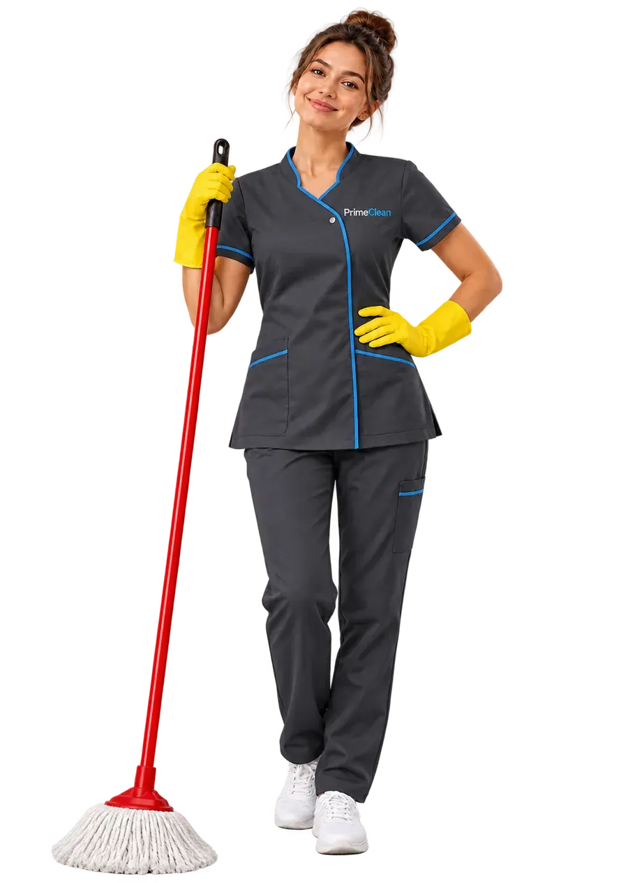 Клинер PrimeClean в фирменной форме со шваброй
